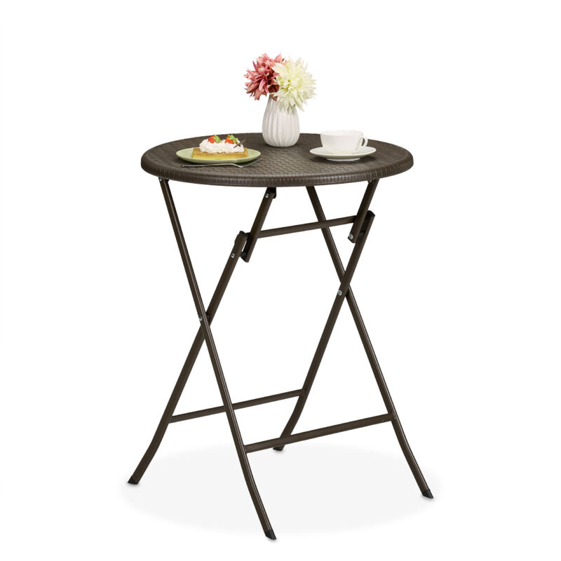 foto del prodotto tavolo da campeggio pieghevole, hxd 75 x 60 cm, tavolino in plastica rotondo, posto per 4 persone, marrone relaxdays