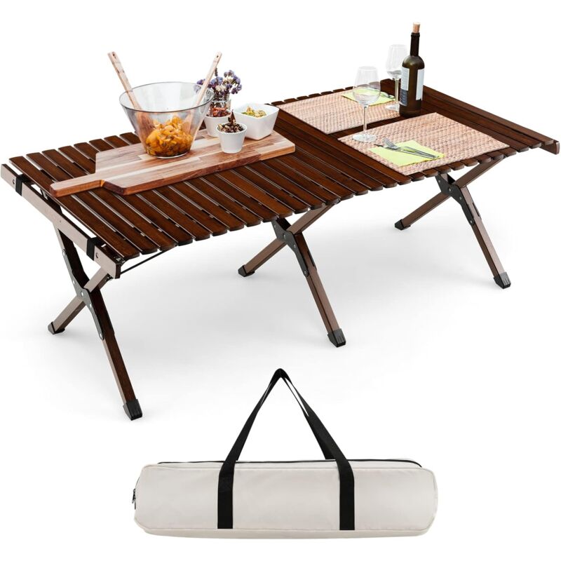 foto del prodotto tavolo da campeggio pieghevole in legno, tavolino da picnic portatile con borsa per il trasporto, piano in bamb arrotolabile, per cortile, patio,