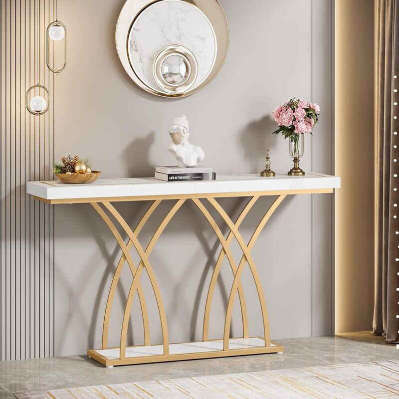 foto del prodotto tavolo da consolle in oro da 140 cm, moderno tavolino da ingresso, stretto e lungo tavolo da divan con gambe geometriche in metallo per ingresso,