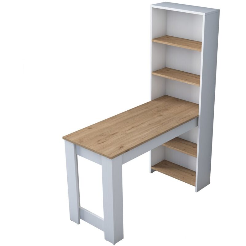 foto del prodotto tavolo da cucina con scaffale di contenimento integrato bianco e decorato in legno l120 cm