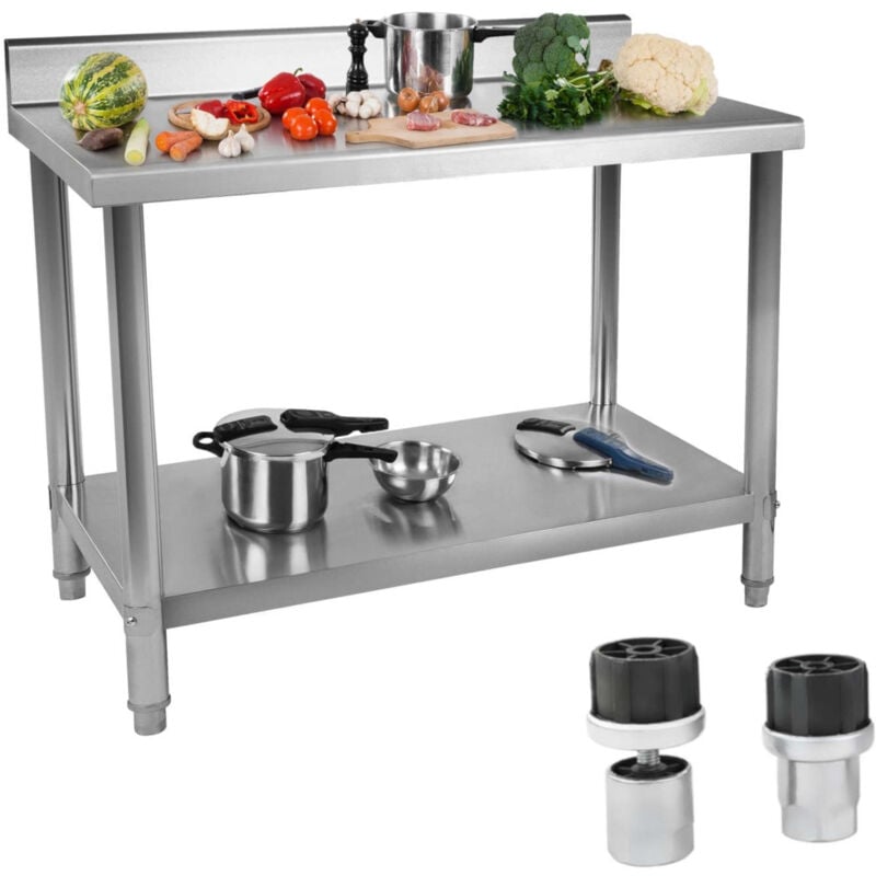 foto del prodotto tavolo da cucina, piano di lavoro in acciaio inox con bordo e ripiano inferiore 100x70cm