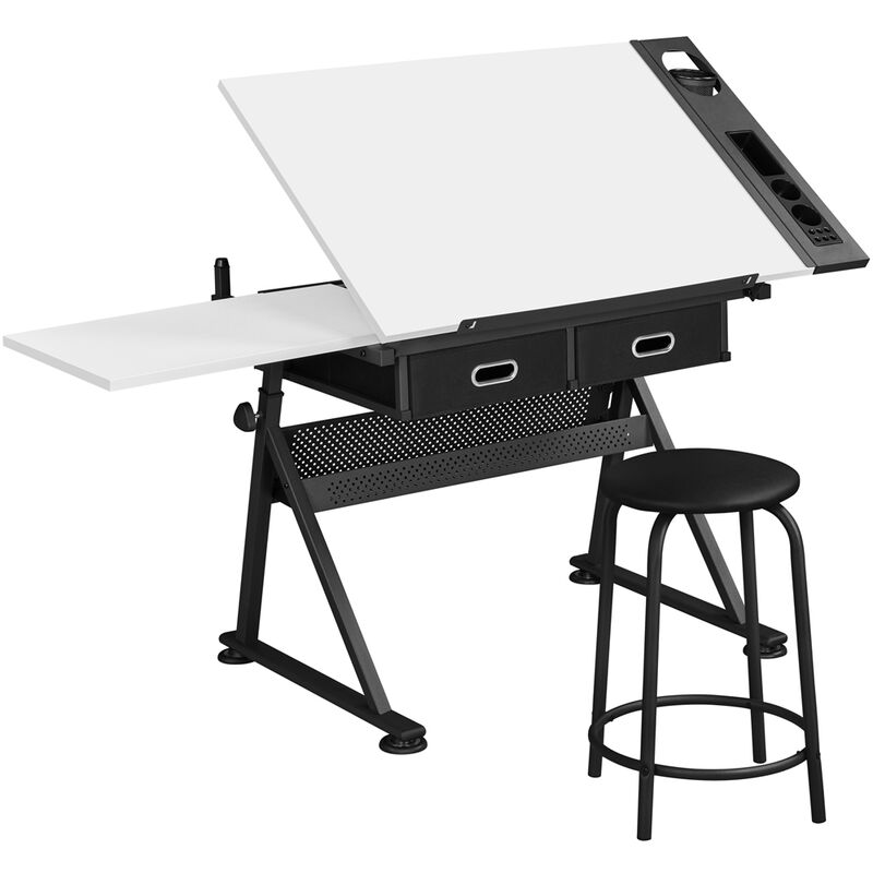 immagine 0 del prodotto tavolo da disegno inclinabile altezza regolabile con sgabello e 2 cassetti scomparti a matite scrivania per disegnatore pittore bianco yaheetech