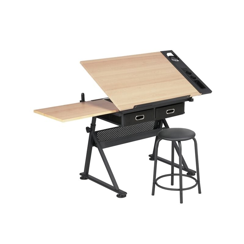 foto del prodotto tavolo da disegno inclinabile altezza regolabile con sgabello e 2 cassetti scomparti a matite scrivania per disegnatore pittore legno yaheetech