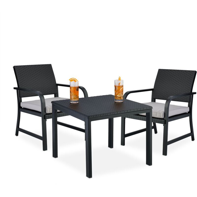 foto del prodotto tavolo da esterno e sedie, set da 3 mobili da balcone, aspetto rattan, con cuscini, plastica e acciaio, nero relaxdays