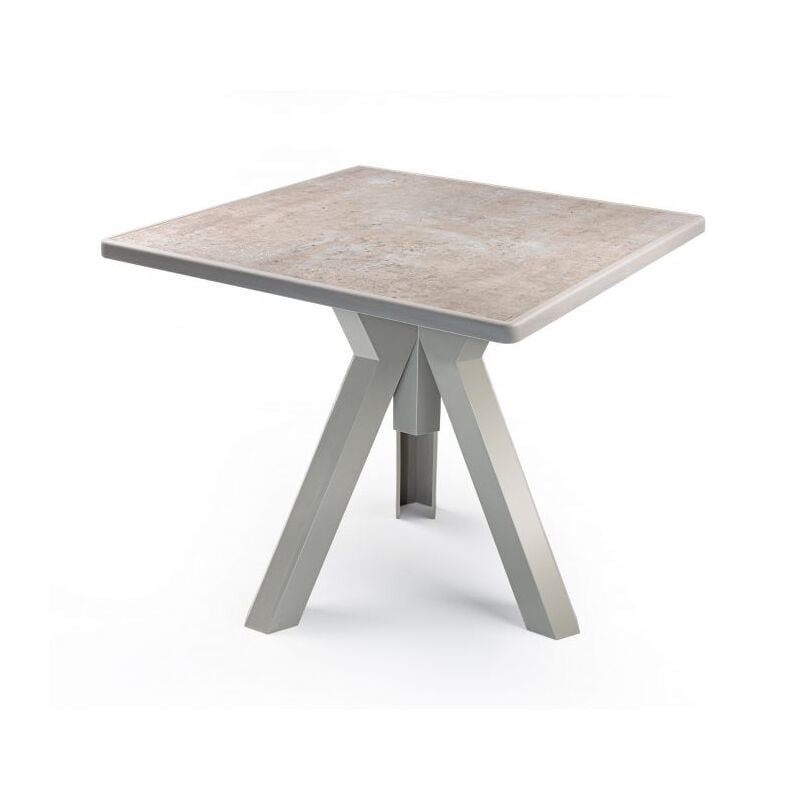 foto del prodotto tavolo da esterno quadrato 80x80 ometto base a tre gambe in polipropilene tortora e piano in pietra real surface
