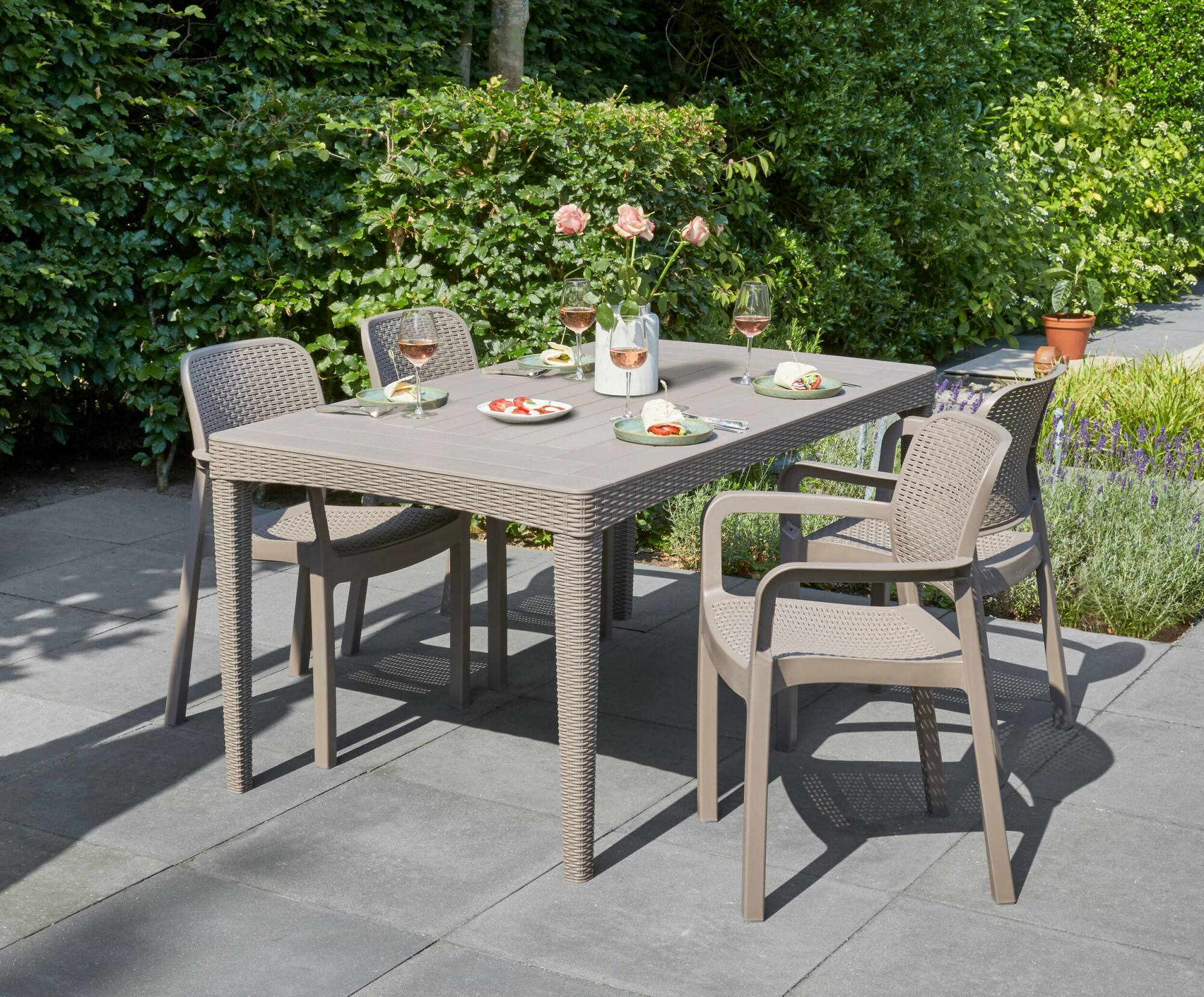 foto del prodotto tavolo da esterno salmon, base per picnic, piano da pranzo da giardino, banco outdoor multiuso, 160x90 h74 cm, tortora