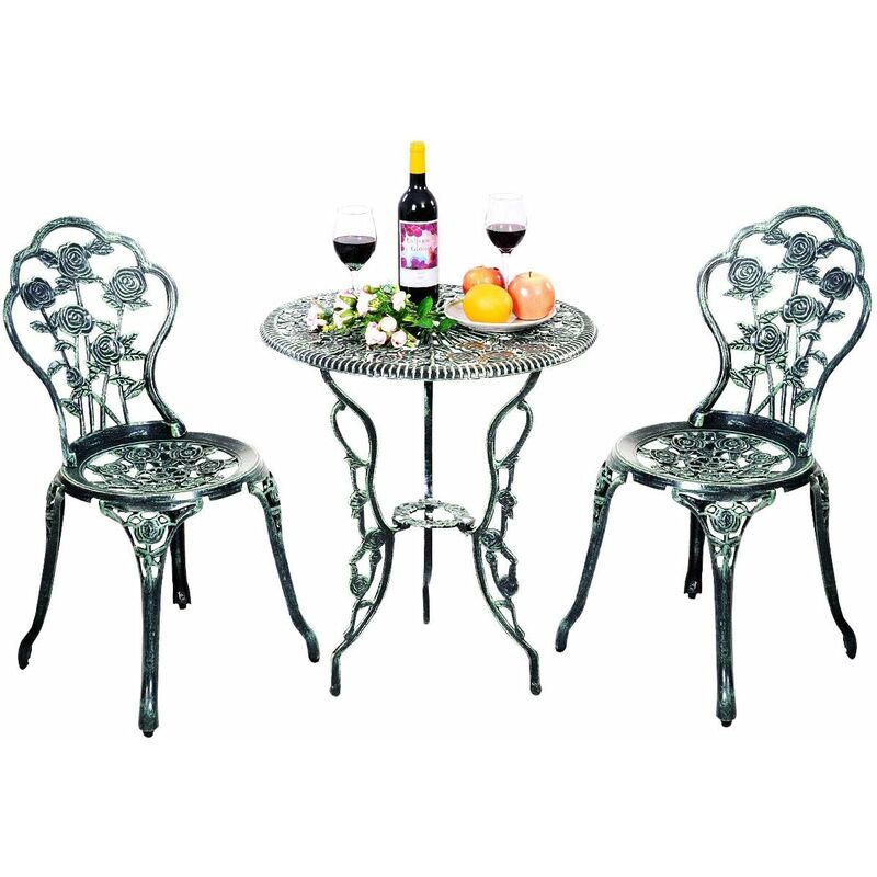 foto del prodotto tavolo da giardino con sedie in alluminio e ghisa, mobili da esterno con 1 tavolino rotondo e 2 sedie, ideale per balcone, piscina, cortile e