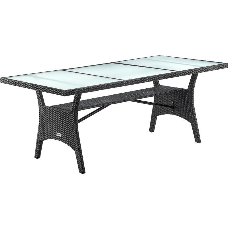 foto del prodotto tavolo da giardino in polyrattan 190x90x74cm con ripiano in vetro altezza regolabile tavolo da pranzo per terrazza da esterno nero - casaria