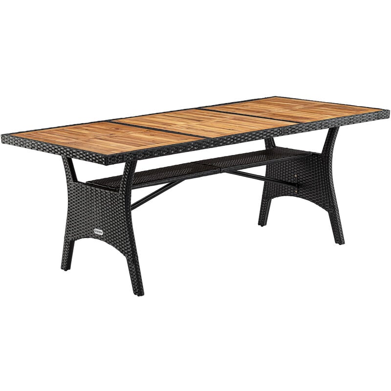 foto del prodotto tavolo da giardino in polyrattan ripiano in legno di acacia 190x90x74cm regolabile in altezza per esterno pranzo terrazza nero - casaria