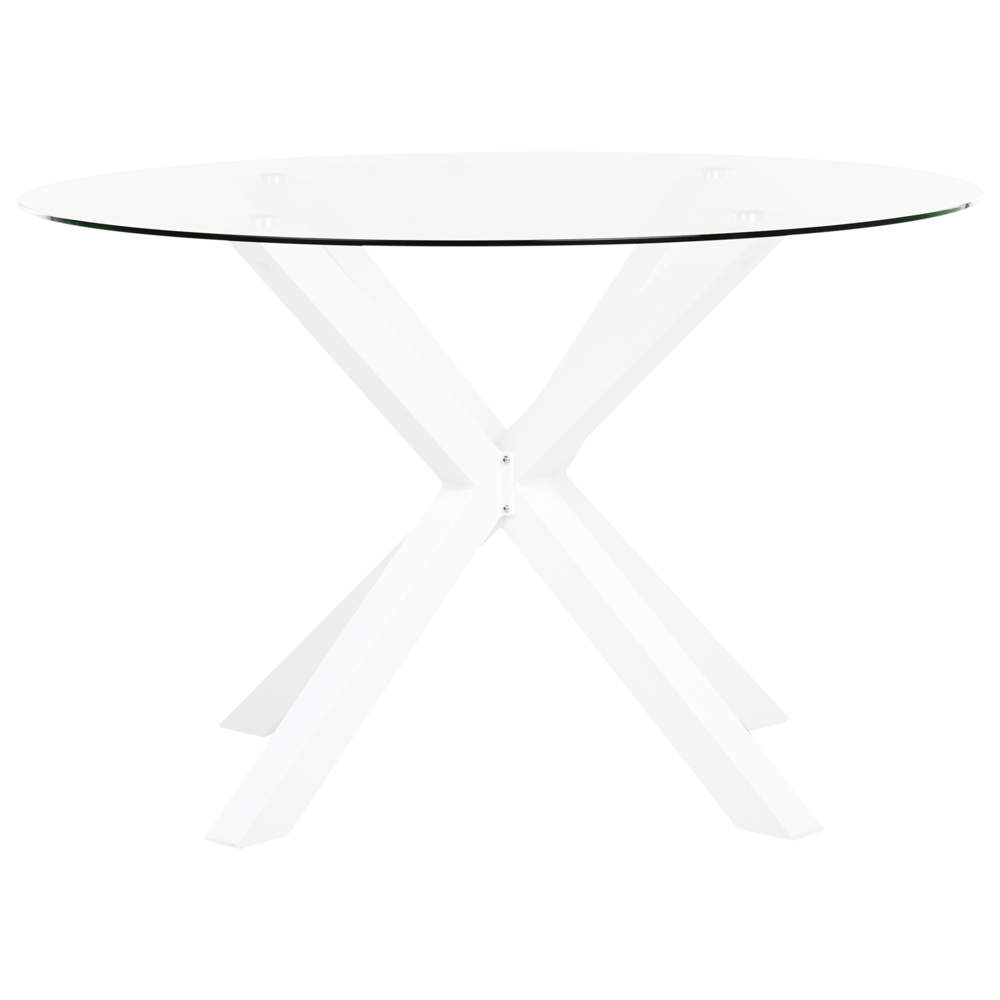 foto del prodotto tavolo da giardino moderno in alluminio inox 120 cm gambe in acciaio inox piano in vetro trasparente bianco maletto