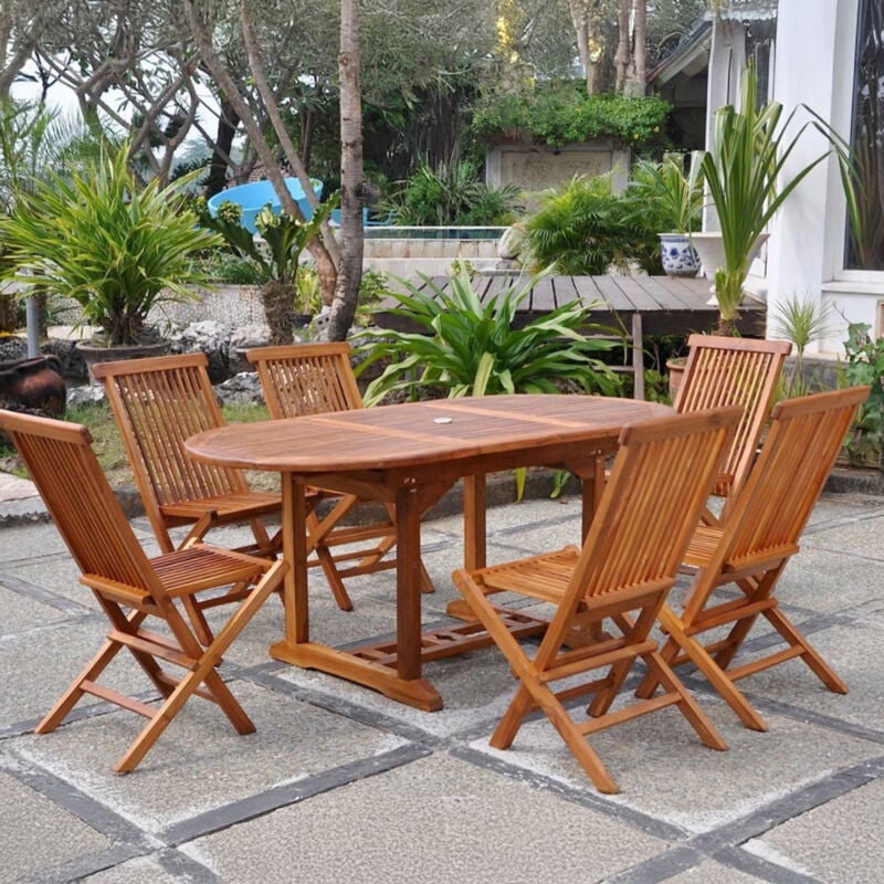 foto del prodotto tavolo da giardino ovale 6 posti 6 sedie in teak oliato lubok
