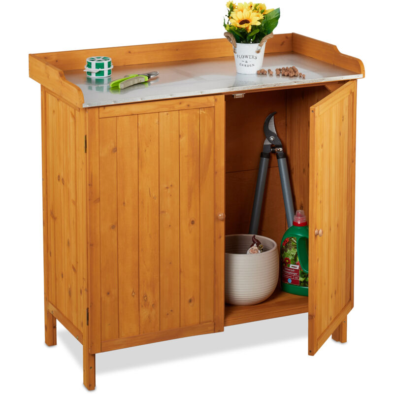 foto del prodotto tavolo da lavoro per giardinaggio, banco da lavoro zincato da giardino, armadietto legno, 94x94x47 cm, arancio relaxdays