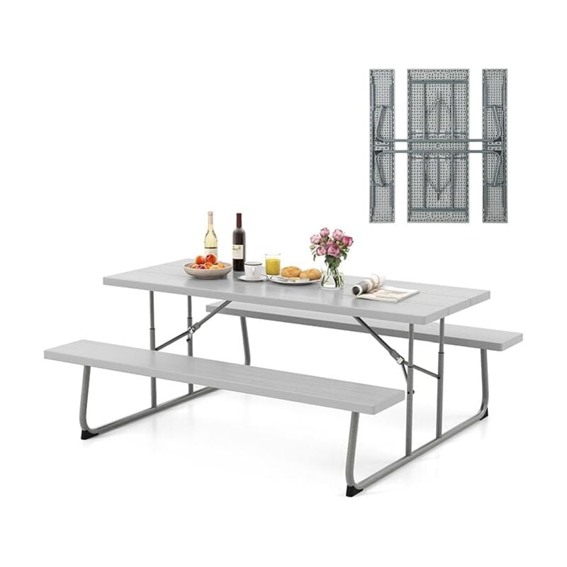 foto del prodotto tavolo da picnic pieghevole con 2 panche, set di tavolo da 183 cm con telaio in metallo, piano in hdpe, con foro per ombrellone, tavolo da pranzo da