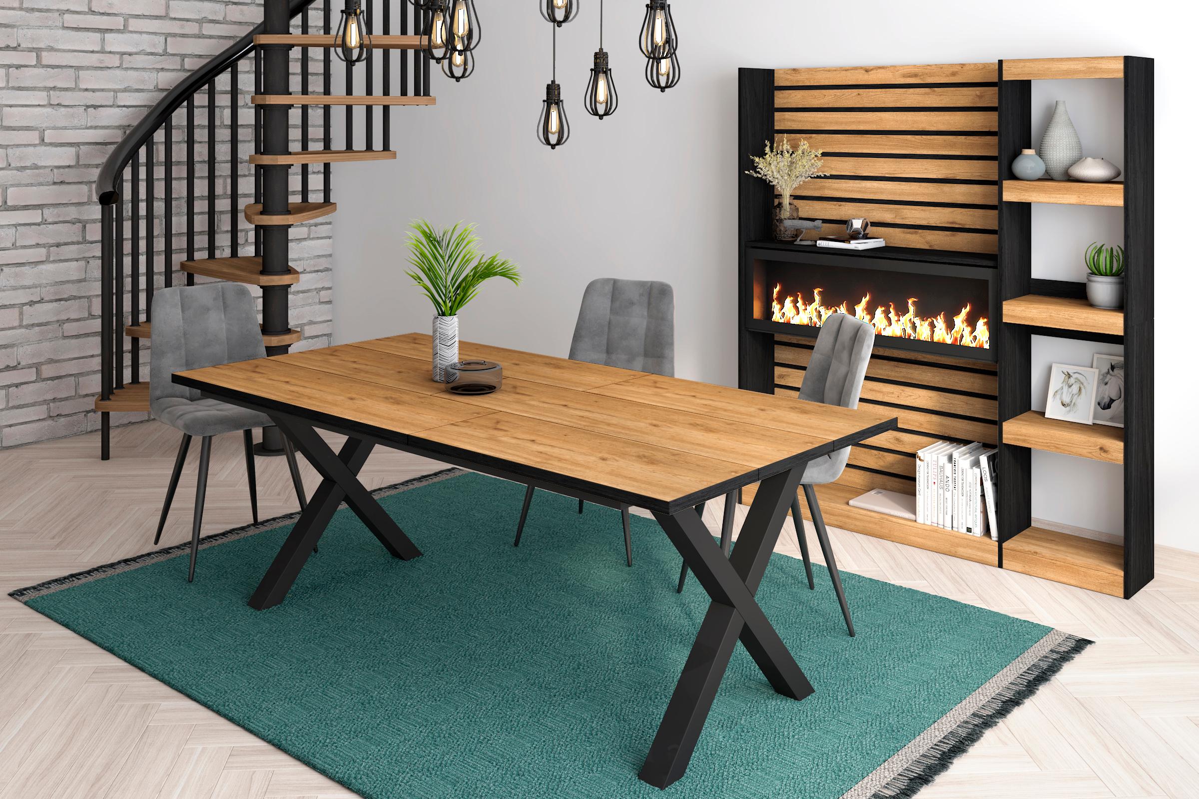 foto del prodotto tavolo da pranzo, 10 posti, 194x90x75cm, robusto e stabile, struttura e gambe solide, colore rovere e nero, industriale rf1118