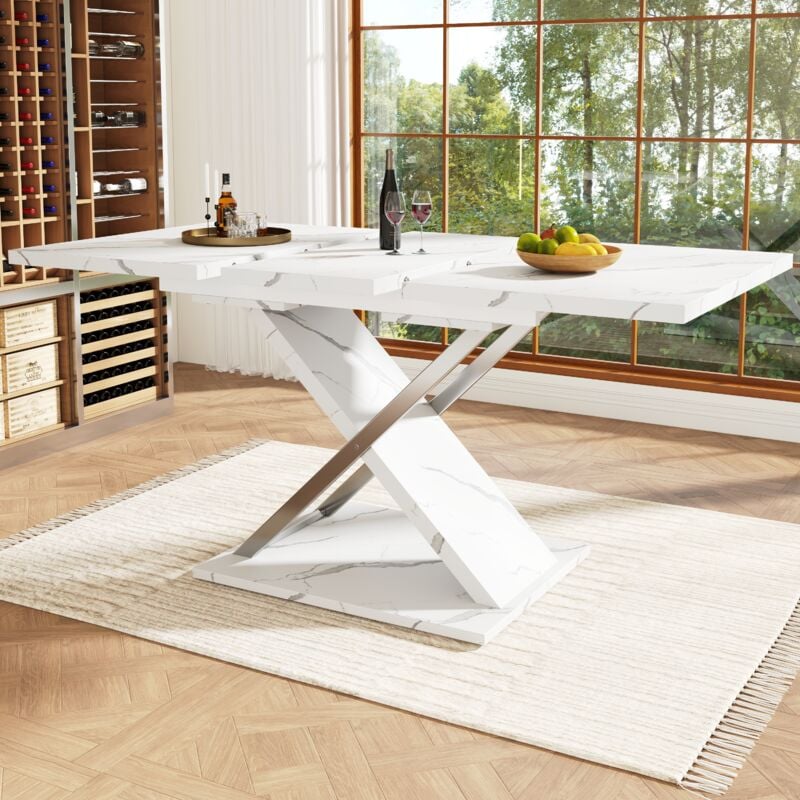 foto del prodotto tavolo da pranzo 118 157 x75x76,5cm tavoli allungabili, gambe a x, motivo marmo, per cucina soggiorno, mdf e metallo, bianco
