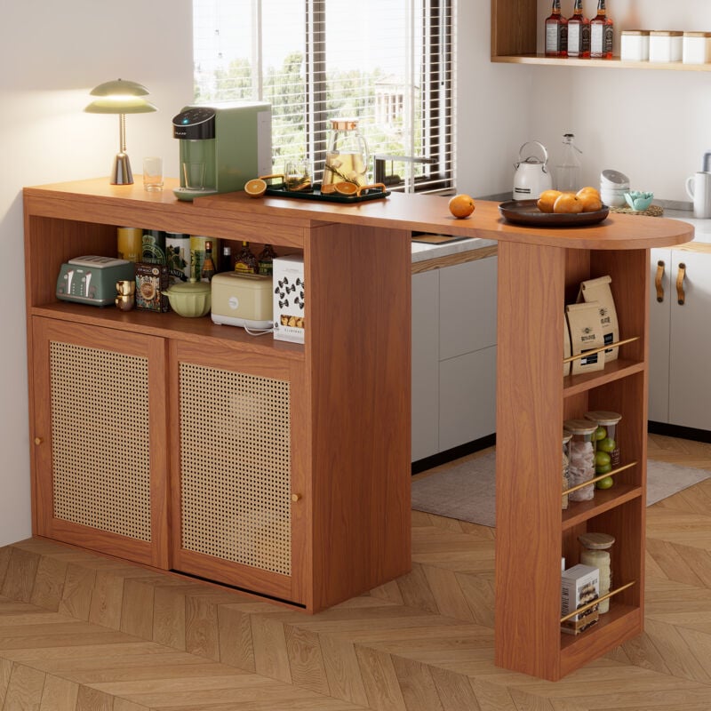 foto del prodotto tavolo da pranzo 138 193 x 39 x 104 cm con barra retrattile, 2 ante, credenza, rotazione 360 , mdf, marrone