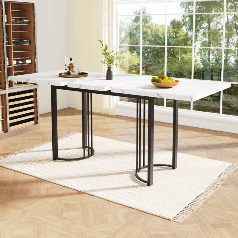 foto del prodotto tavolo da pranzo 140 179,5 x80x75,5cm tavoli allungabili, gambe in metallo nero, effetto marmo, per cucina soggiorno, mdf, bianco