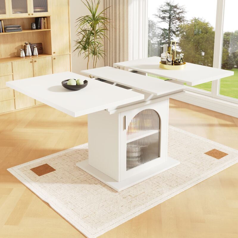foto del prodotto tavolo da pranzo 140x80x76cm con 1 anta, tavoli allungabili, adatto per sala da pranzo cucina, mdf e vetro, bianco
