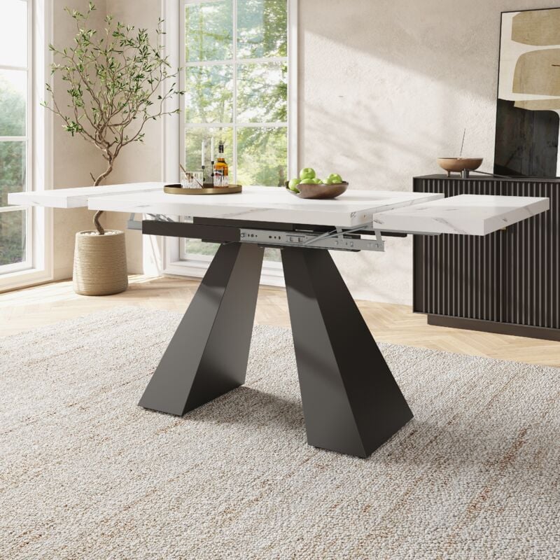 foto del prodotto tavolo da pranzo 159x74x77cm tavoli allungabili, gambe nere, motivo marmo, sala da pranzo/ufficio, mdf e metallo, bianco-a