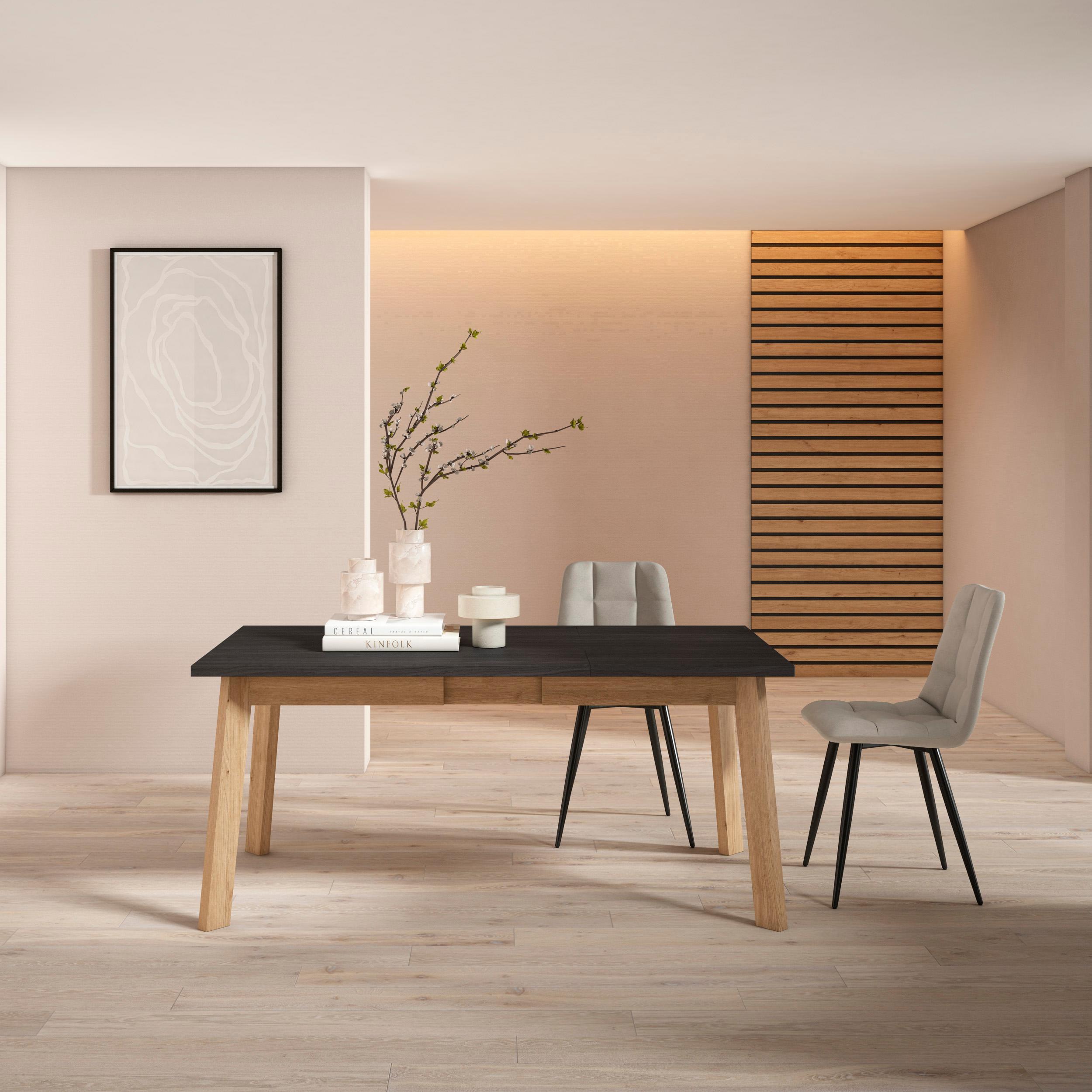 foto del prodotto tavolo da pranzo, 168x90x74cm, per 8 persone, gambe in legno, nero e colore rovere rf2896