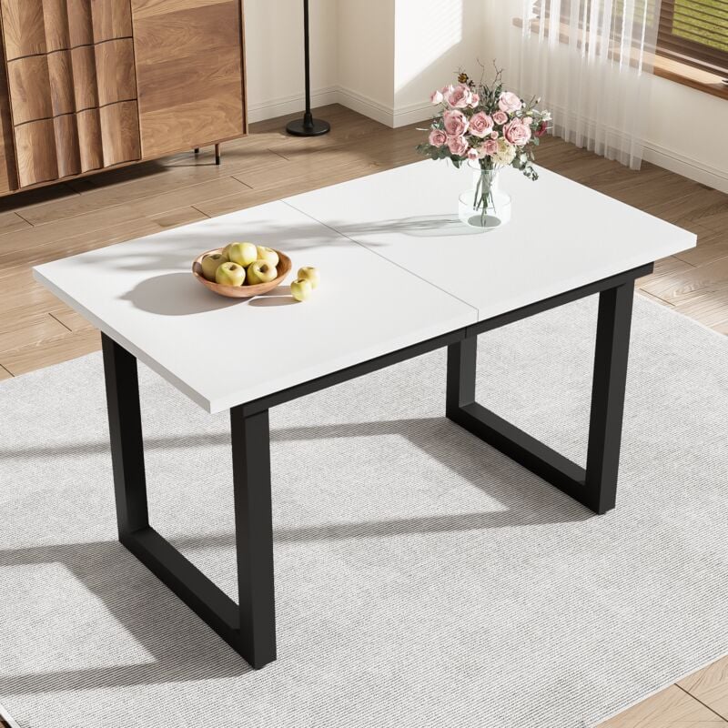 foto del prodotto tavolo da pranzo 180x80x75cm, piano in 3 pannelli, gambe nere, mdf, tavoli allungabili, bianco