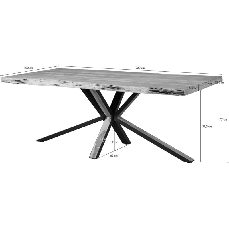 foto del prodotto tavolo da pranzo 220x100x77 in legno di acacia laccato beige / gambe incrociate antracite opaco / naturale freeform