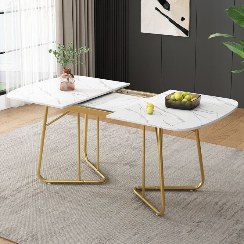 foto del prodotto tavolo da pranzo allungabile, impiallacciato in marmo, 140 180x80x75cm, gambe dorate, stile lusso leggero, bianco, mdf