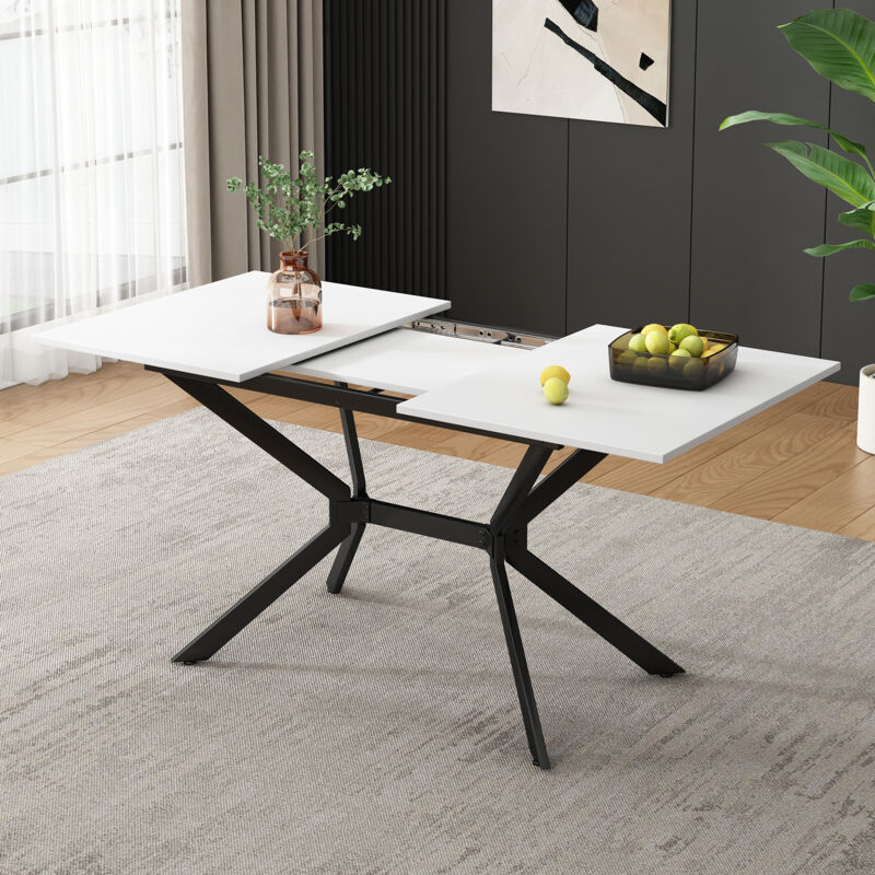 foto del prodotto tavolo da pranzo allungabile in mdf per 4 6 persone, tavolo rettangolare stile semplice, gambe in metallo nero, bianco 120 160 cm