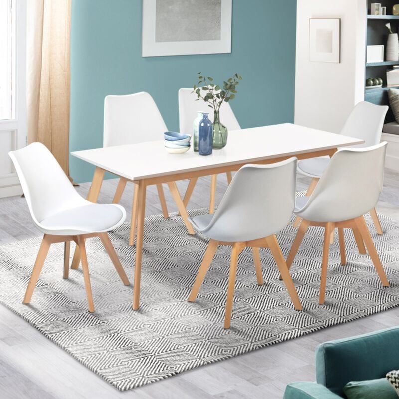 foto del prodotto tavolo da pranzo allungabile inga da 160 200 cm e 6 sedie bianche sara, design scandinavo