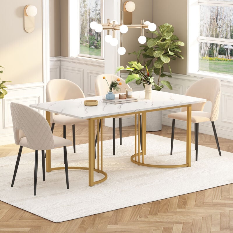 foto del prodotto tavolo da pranzo bianco e oro, tavolo da pranzo rettangolare con motivo in marmo e gambe in metallo regolabili, 140 x 80 cm