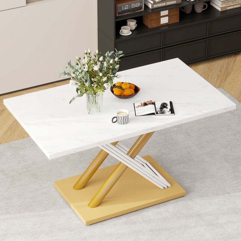 foto del prodotto tavolo da pranzo bianco per 4 persone con piano effetto marmo, gambe regolabili, tavolo da cucina moderno per sala da pranzo e cucina