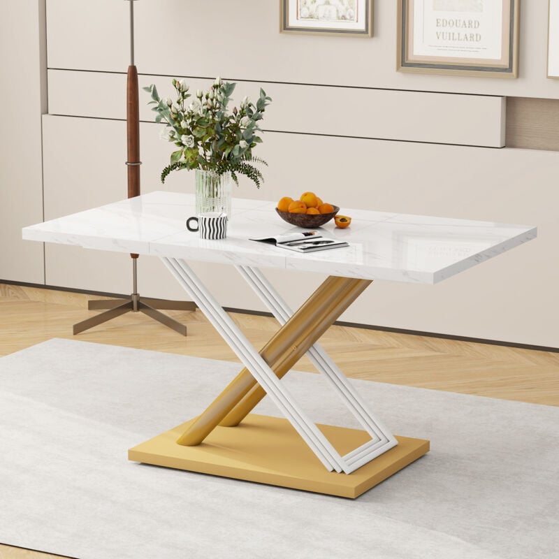 foto del prodotto tavolo da pranzo bianco per 4 persone con piano effetto marmo, gambe regolabili, tavolo da cucina moderno per sala da pranzo e cucina