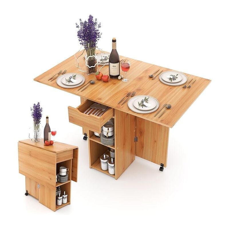 foto del prodotto tavolo da pranzo con 2 ruote, tavolo da cucina pieghevole con 2 ripiani e cassetto, tavolo pranzo 120 cm, tavolo consolle versatile per pranzo,