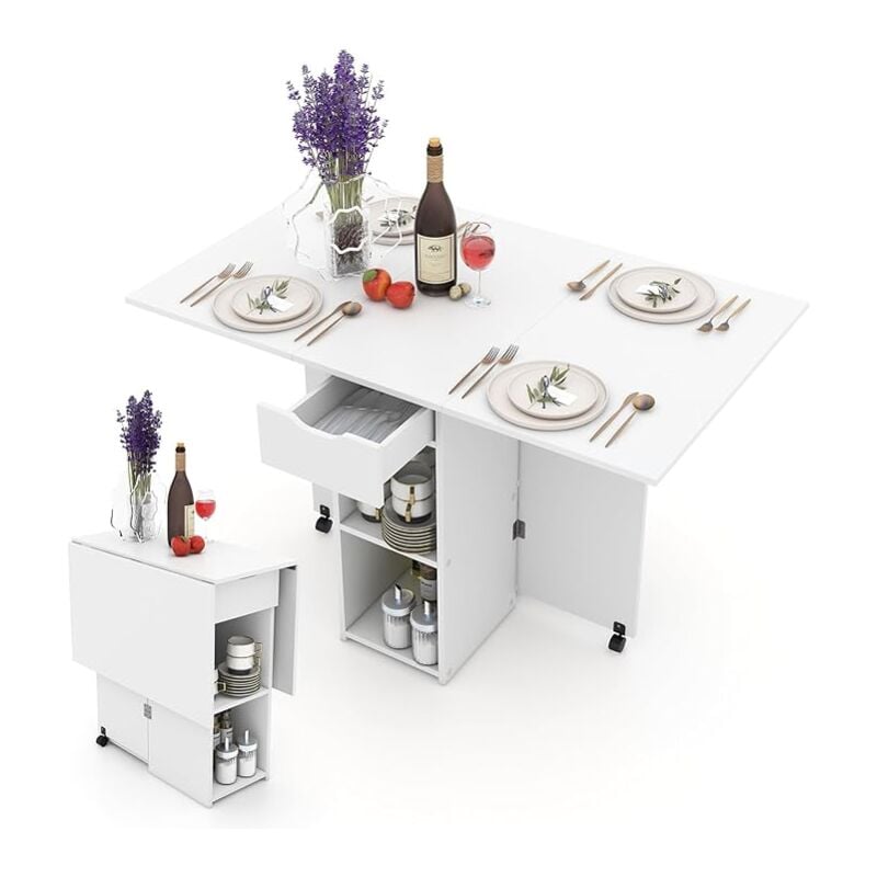 foto del prodotto tavolo da pranzo con 2 ruote, tavolo da cucina pieghevole con 2 ripiani e cassetto, tavolo pranzo 120 cm, tavolo consolle versatile per pranzo,