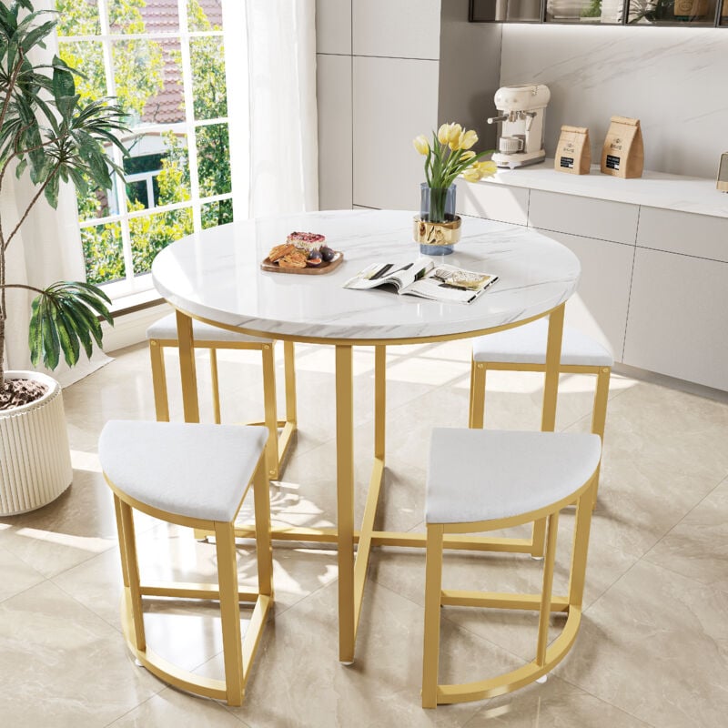 foto del prodotto tavolo da pranzo con 4 sedie in velluto, bianco e oro