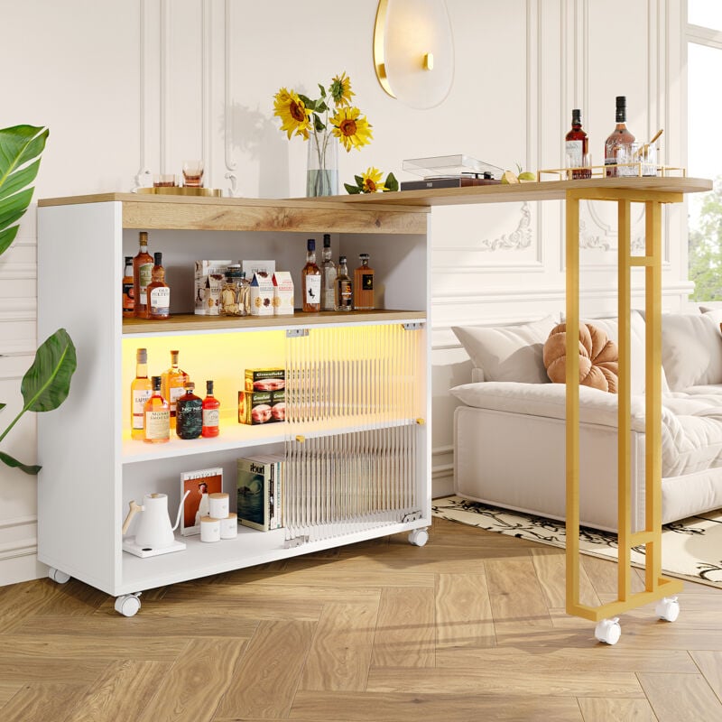 foto del prodotto tavolo da pranzo con barra retrattile, credenza led, con ruote, rotazione 360 , mdf, bianco, 138 193 x39x105cm