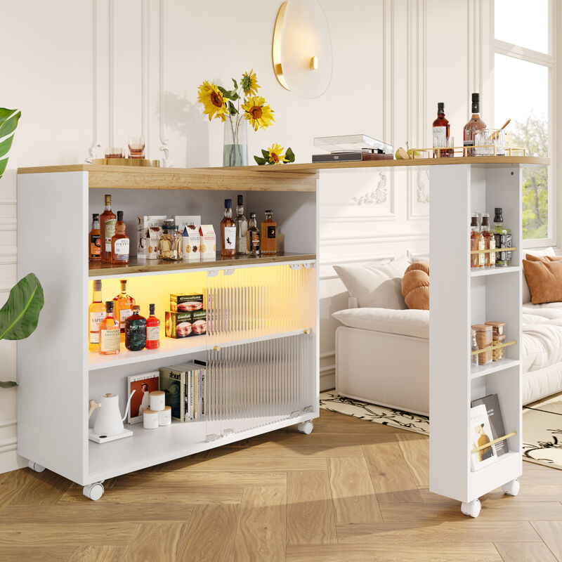foto del prodotto tavolo da pranzo con barra retrattile, credenza led, con ruote, rotazione 360 , mdf, bianco, 138 204 x39x105cm