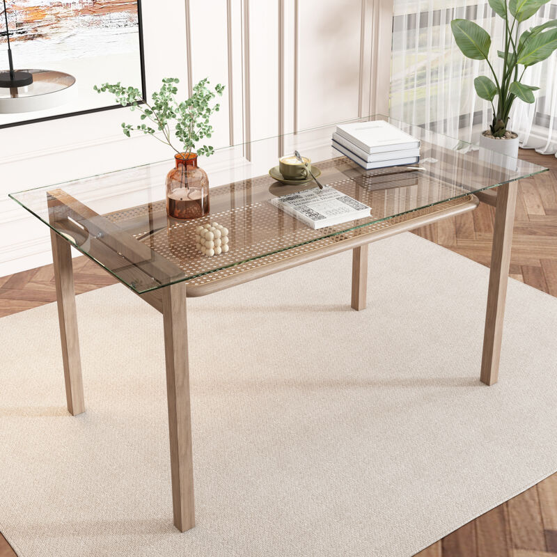 foto del prodotto tavolo da pranzo con spazio di archiviazione 110 x 65 x 74 cm, piano in vetro temperato, design in rattan, tavolo da pranzo moderno, tavolo da pranzo