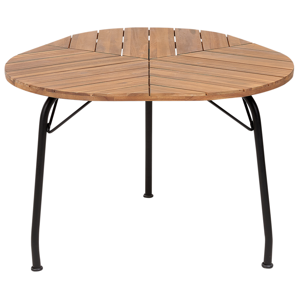 foto del prodotto tavolo da pranzo da giardino in legno chiaro di acacia piano rotondo 120 cm design a doghe per interni esterni