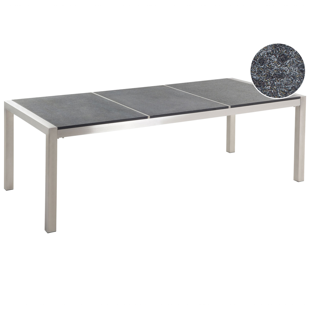 foto del prodotto tavolo da pranzo da giardino piano in granito grigio e argento gambe in acciaio inox esterne 8 posti 220 x 100 x 74 cm