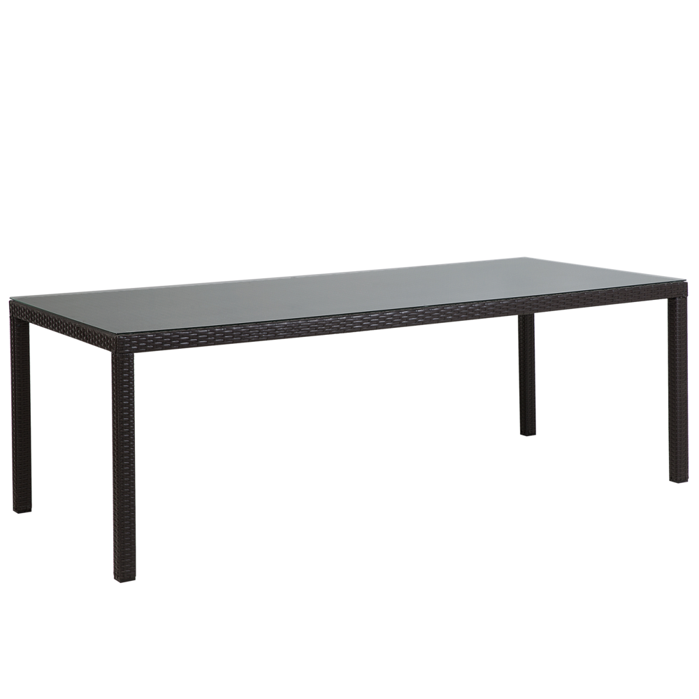foto del prodotto tavolo da pranzo da giardino piano in vetro temperato marrone scuro finto rattan 220 x 100 cm 8 posti rettangolare