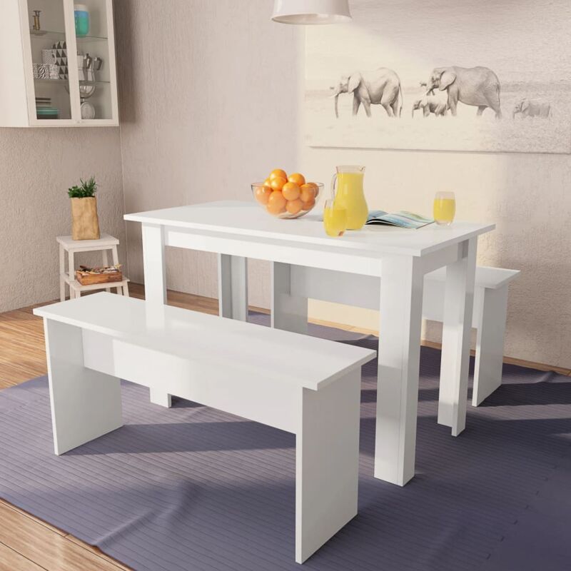 foto del prodotto tavolo da pranzo e panche 3 pz in legno multistrato bianco vidaxl