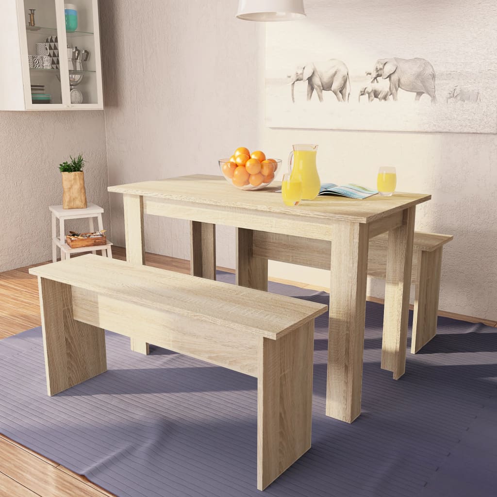 foto del prodotto tavolo da pranzo e panche 3 pz in legno multistrato rovere vidaxl 978211
