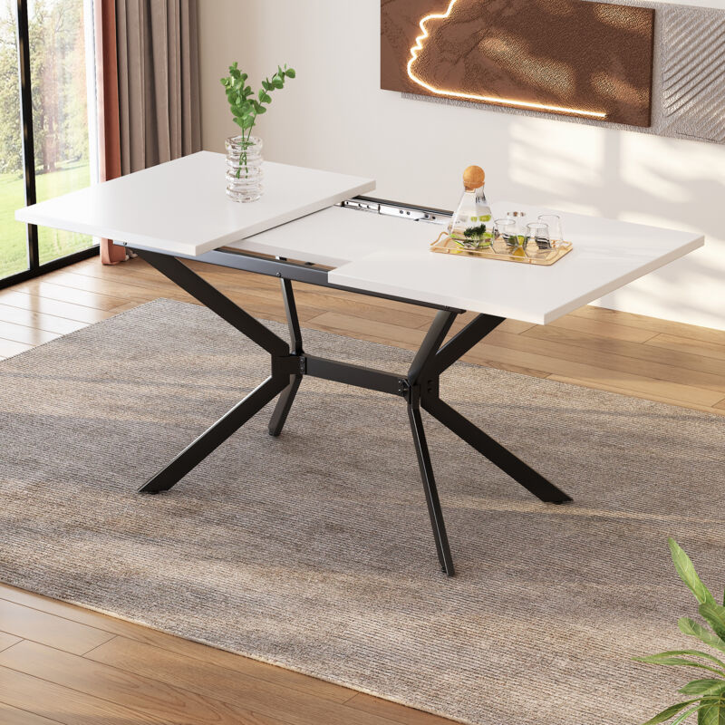 foto del prodotto tavolo da pranzo estensibile, tavolo da pranzo rettangolare bianco con gambe in metallo nero