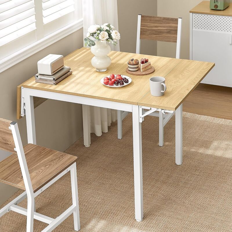 foto del prodotto tavolo da pranzo estensibile, tavolo pieghevole per 2 4 persone, tavolo da cucina per piccoli spazi, rovere naturale e bianco nuvola vasagle