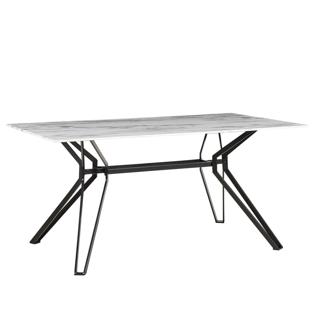 foto del prodotto tavolo da pranzo impiallacciato effetto marmo gambe in metallo nero piano in vetro temperato rettangolare 160 x 90 cm