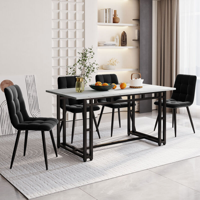 foto del prodotto tavolo da pranzo nero 140x80 cm con set di 4 sedie, set tavolo da pranzo da cucina moderna, sedie da pranzo in velluto nero, tavolo con gambe in