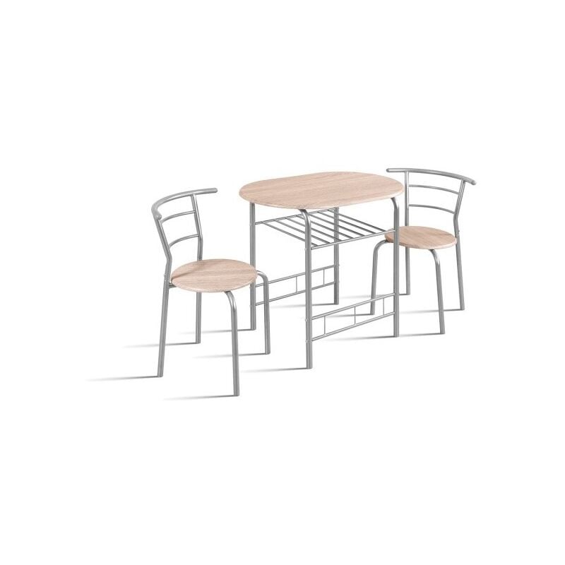foto del prodotto tavolo da pranzo ovale con griglia portaoggetti e 2 sedie collezione student, piccolo spazio, rovere sonoma, piede in metallo grigio.