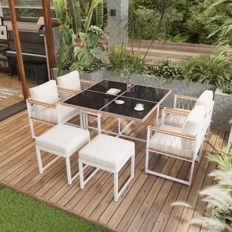 foto del prodotto tavolo da pranzo per esterni da 7 pezzi, set di sedie da 6 persone, tavolo in vetro temperato con rivestimento in rattan pe, corrimano in legno di