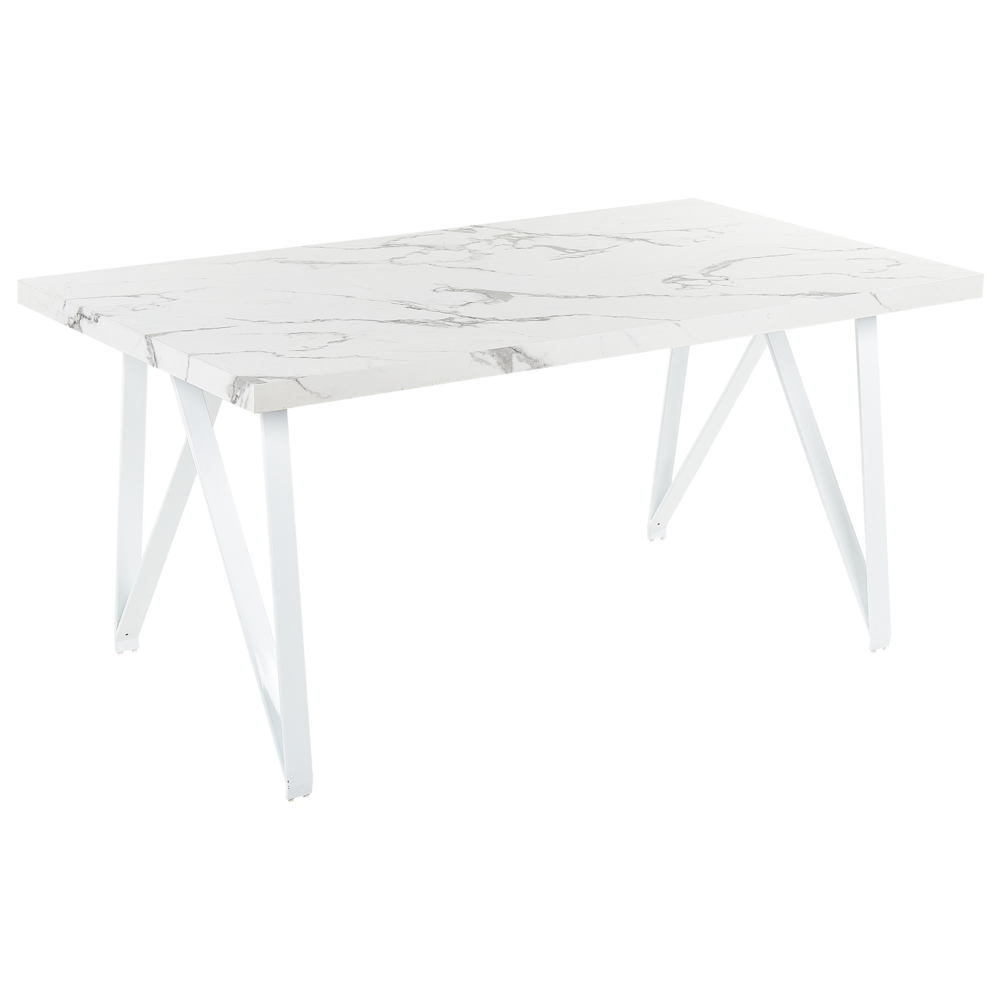 foto del prodotto tavolo da pranzo piano in mdf effetto marmo bianco 160 x 90 cm gambe in metallo incrociate a x tavolo da cucina